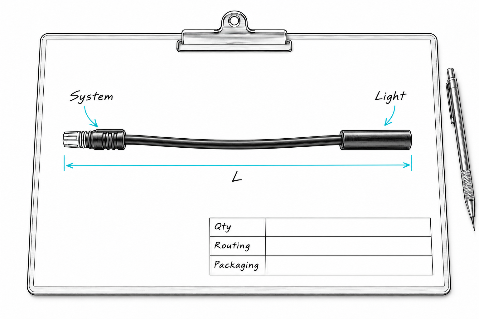 Specification sketch: cable with system side, other end and length dimension